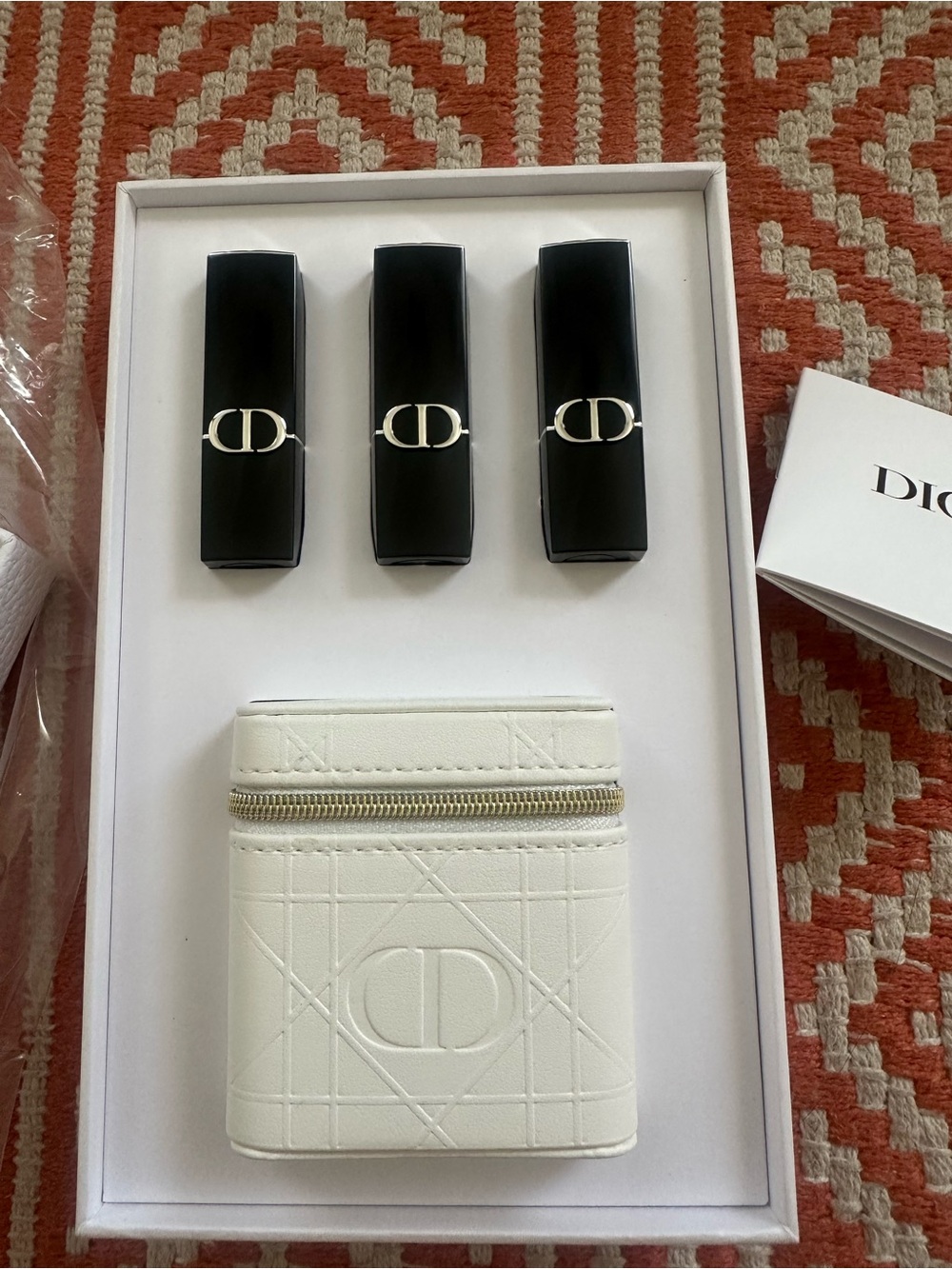 Dior White Embossed Leather Cosmetic Case with Black Lipstick Trio